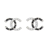 銀色鍍金 黑色皮革 CC水晶 耳環【CHANEL 香奈兒】 ABG274
