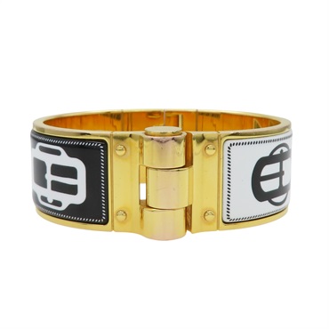 白黑金色 法瑯 鍍金 Charniere 寬板 手環【HERMES 愛馬仕】