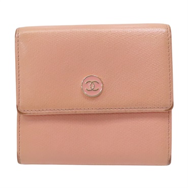 粉色 牛皮 金扣 三折短夾【CHANEL 香奈兒】