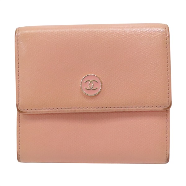 粉色 牛皮 金扣 三折短夾【CHANEL 香奈兒】