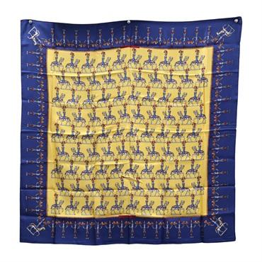 黃/藍色 絲綢 Les Artisans des Hermès 絲巾 90*90【HERMES 愛馬仕】