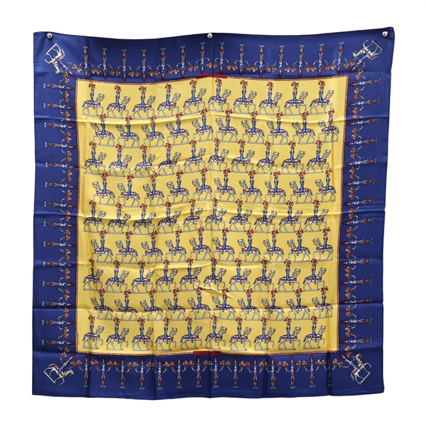 黃/藍色 絲綢 Les Artisans des Hermès 絲巾 90*90【HERMES 愛馬仕】