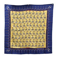黃/藍色 絲綢 Les Artisans des Hermès 絲巾 90*90【HERMES 愛馬仕】
