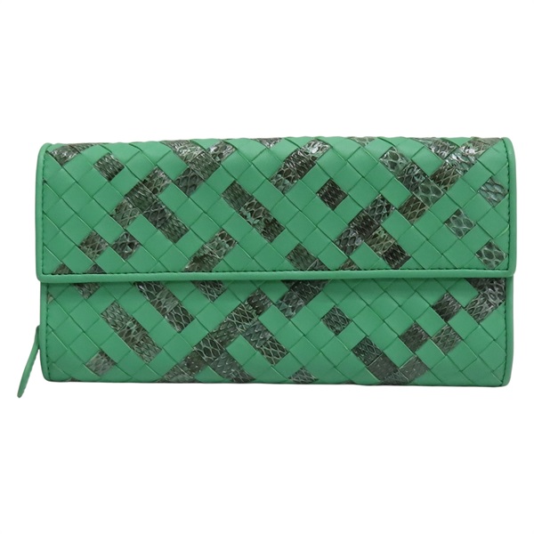 綠色 蛇皮/牛皮 銀扣 兩折皮夾【BOTTEGA VENETA 寶緹嘉】