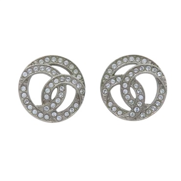 銀色金屬 雙C 圓形縷空 耳環【CHANEL 香奈兒】