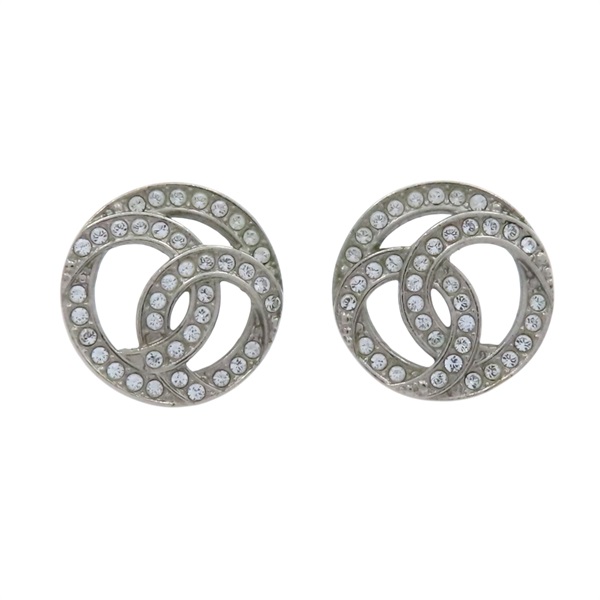 銀色金屬 雙C 圓形縷空 耳環【CHANEL 香奈兒】