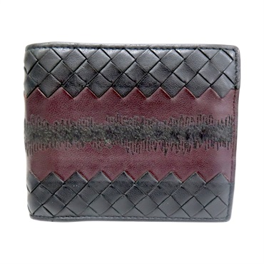 黑/深紅色 牛皮編織 雙折短夾【BOTTEGA VENETA BV 寶緹嘉】