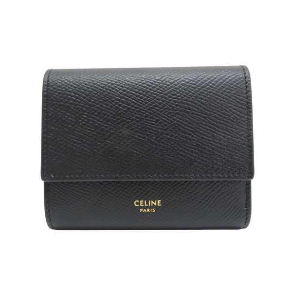黑色 粒紋牛皮 三折短夾【CELINE 賽琳】