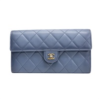 藍色 菱格紋 羊皮 金扣 扣式長夾【CHANEL 香奈兒】