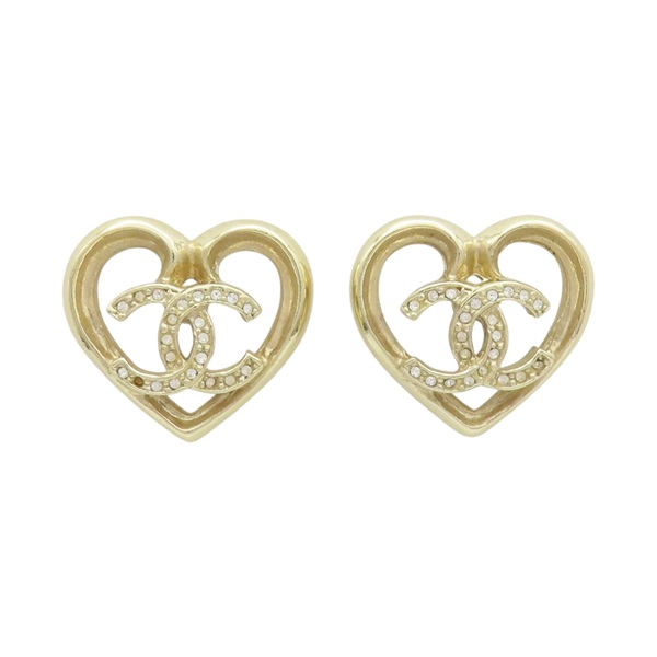 金色 鍍金 水鑽 心型簍空 耳環【CHANEL 香奈兒】 ABA103
