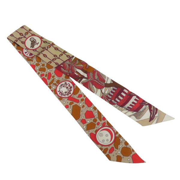 淺棕色 紅色印花 絲綢 Twilly 絲巾【HERMES 愛馬仕】