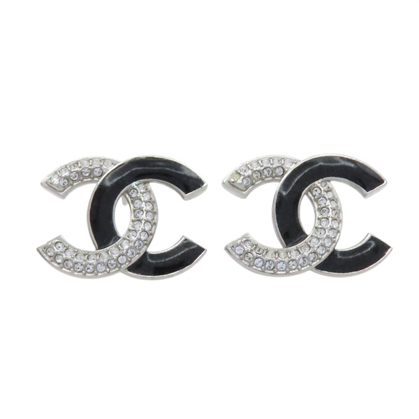 銀色金屬 黑色漆面 水晶 雙C 耳環【CHANEL 香奈兒】