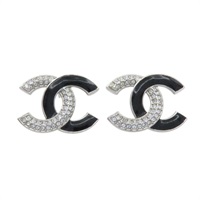 銀色金屬 黑色漆面 水晶 雙C 耳環【CHANEL 香奈兒】