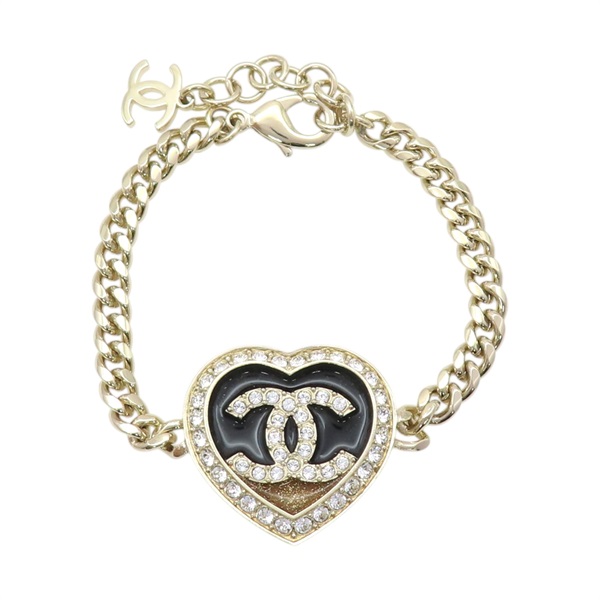 黑色琺瑯 淺金色鍍金 水鑽 Logo Heart 手鍊【CHANEL 香奈兒】 ABB654