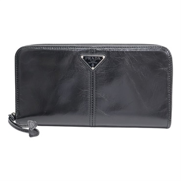 黑色 牛皮 拉鍊長夾 【PRADA 普拉達】 2ML059