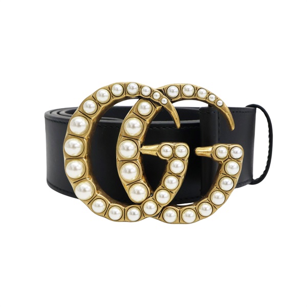 黑色 牛皮 珍珠 雙G 寬腰帶【GUCCI 古馳】 453260