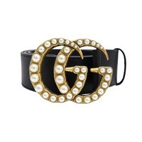 黑色 牛皮 珍珠 雙G 寬腰帶【GUCCI 古馳】 453260