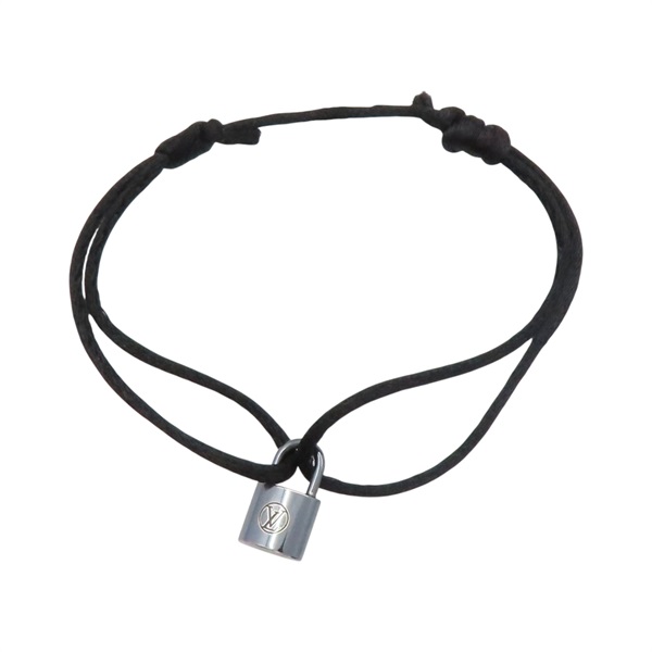 925純銀 鎖頭墜飾 黑色棉繩 手環 (缺LV logo)【LOUIS VUITTON LV 路易威登】 Q05173