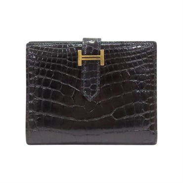 黑色 鱷魚皮 Bearn Compact 兩折短夾 金扣 Z刻【HERMES 愛馬仕】 H039786CC