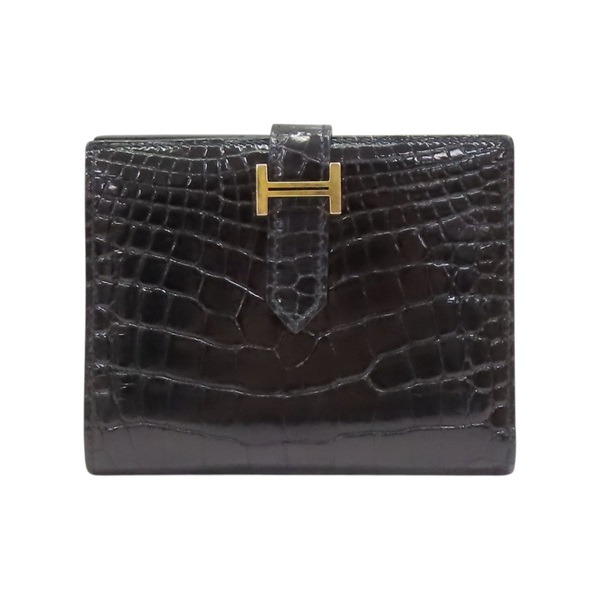黑色 鱷魚皮 Bearn Compact 兩折短夾 金扣 Z刻【HERMES 愛馬仕】 H039786CC