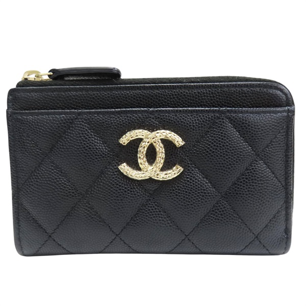 黑色 菱格紋 荔枝牛皮 拉鍊零錢包 淡金釦【CHANEL 香奈兒】 AP4019
