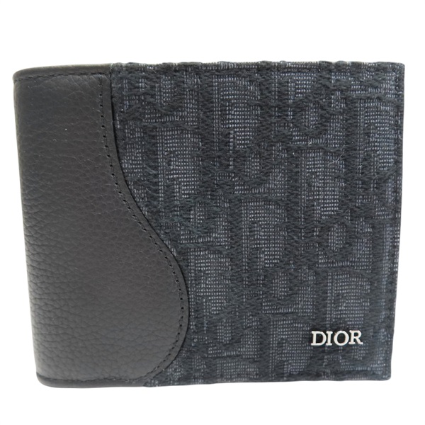 黑色 緹花帆布拚牛皮 兩折短夾【Dior 迪奧】 2ADBH076YKS