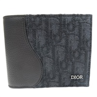 黑色 緹花帆布拚牛皮 兩折短夾【Dior 迪奧】 2ADBH076YKS
