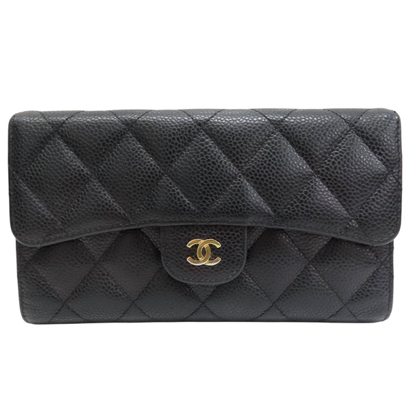 黑色 菱格紋 荔枝牛皮 釦式 三折長夾【CHANEL 香奈兒】 AP0241