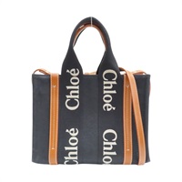 黑色帆布 棕色牛皮飾邊 Woody 肩背包【Chloe 克羅伊】  C23AS397
