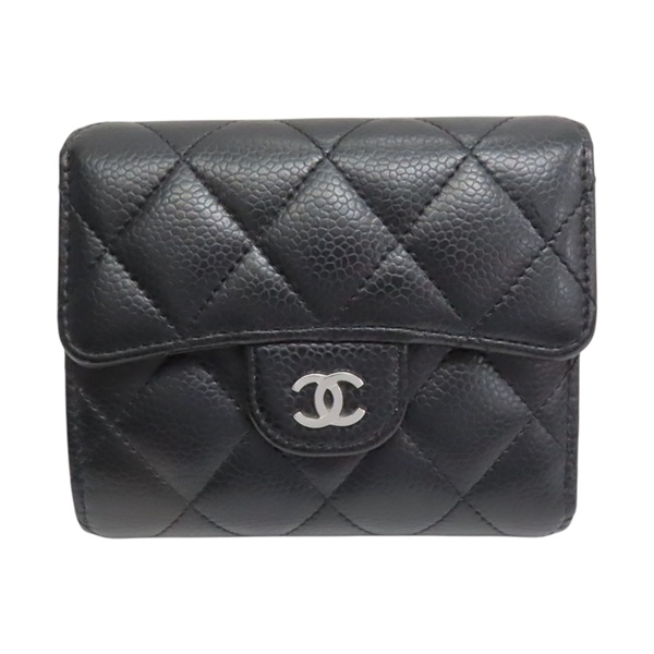 黑色 菱格紋 荔枝牛皮 三折短夾 銀釦【CHANEL 香奈兒】 AP0231