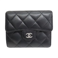 黑色 菱格紋 荔枝牛皮 三折短夾 銀釦【CHANEL 香奈兒】 AP0231