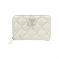 白灰色 菱格紋 荔枝牛皮 拉鍊 卡片零錢包