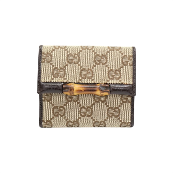 棕色 帆布 雙折短夾 銀扣 112533【GUCCI 古馳】 112533