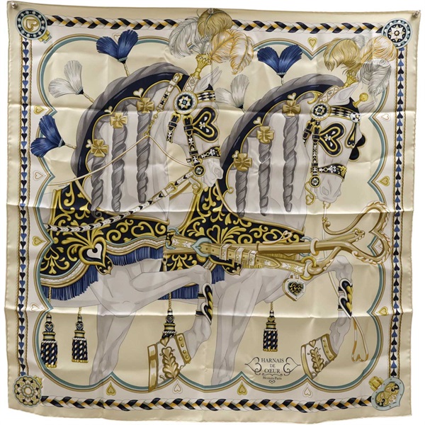 黃色 Harnais de Coeur 絲綢 絲巾 90x90【HERMES 愛馬仕】
