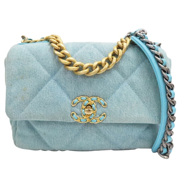 湖水藍色 單寧布 19 口蓋包 鍊帶肩背包【CHANEL 香奈兒】 AS1160