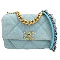 湖水藍色 單寧布 19 口蓋包 鍊帶肩背包【CHANEL 香奈兒】 AS1160
