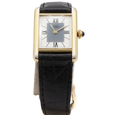 Must Tank Vermeil 石英 腕錶 白灰錶面 925銀 黑色皮錶帶【Cartier 卡地亞】 67638