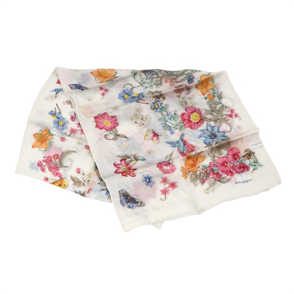 白色 絲綢 Floral Print Scarf 絲巾【Salvatore Ferragamo 費拉格慕】