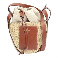 棕/卡其色 草編 牛皮 WOODY Basket 肩背包【Chloe 克羅伊】