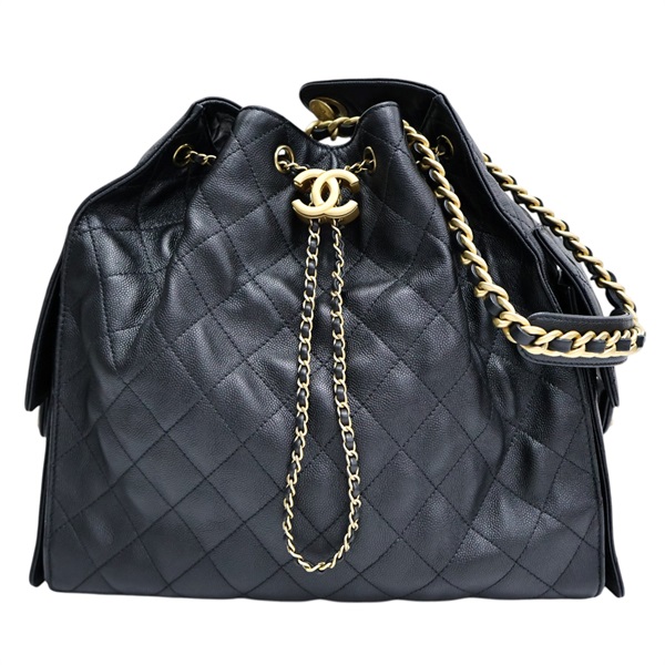 黑色 荔枝紋 菱格紋牛皮 鍊帶肩背包 金釦【CHANEL 香奈兒】 AS5311
