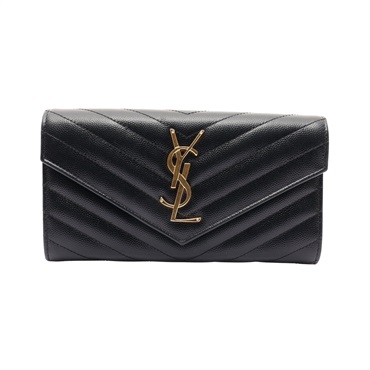 黑色 荔枝紋牛皮 MATELASSE 大型翻蓋 扣式長夾【SAINT LAURENT 聖羅蘭】 372264