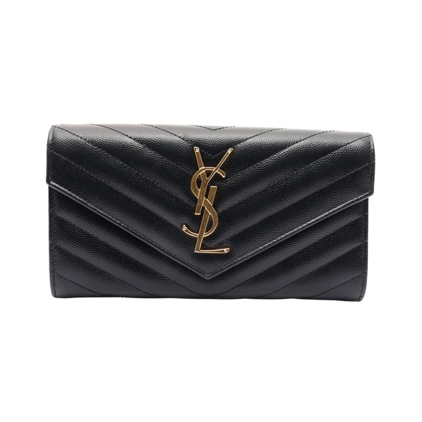 黑色 荔枝紋牛皮 MATELASSE 大型翻蓋 扣式長夾【SAINT LAURENT 聖羅蘭】 372264