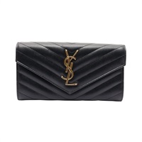 黑色 荔枝紋牛皮 MATELASSE 大型翻蓋 扣式長夾【SAINT LAURENT 聖羅蘭】 372264