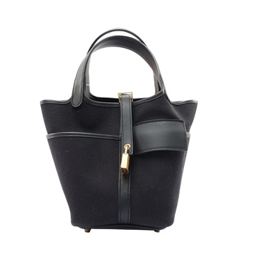 深藍色 Swift牛皮 Toile帆布 Picotin Lock 18 Cargo 肩背包 W刻【HERMES 愛馬仕】 H08319CC