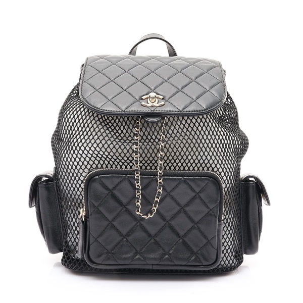 黑色 羊皮 網眼 棉質 Cargo Duma Drawstring 後背包 金釦【CHANEL 香奈兒】 AS5484