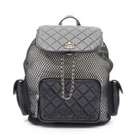 黑色 羊皮 網眼 棉質 Cargo Duma Drawstring 後背包 金釦【CHANEL 香奈兒】 AS5484