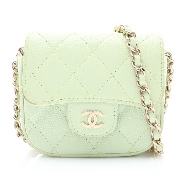 Mini Classic Clutch 鍊帶 肩背包 綠色 荔枝紋牛皮 無卡【CHANEL 香奈兒】  AP2475