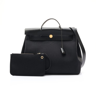 黑色 牛皮 帆布 Herbag Zip Retourne 39 兩用包 Y刻【HERMES 愛馬仕】 H078972CCAB