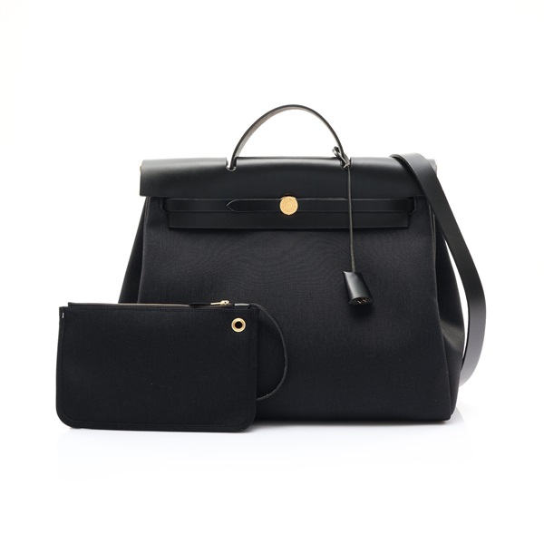 黑色 牛皮 帆布 Herbag Zip Retourne 39 兩用包 Y刻【HERMES 愛馬仕】 H078972CCAB