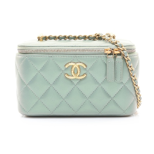 Vanity Case 肩背包 珠光綠色 菱格紋羊皮 金釦【CHANEL 香奈兒】